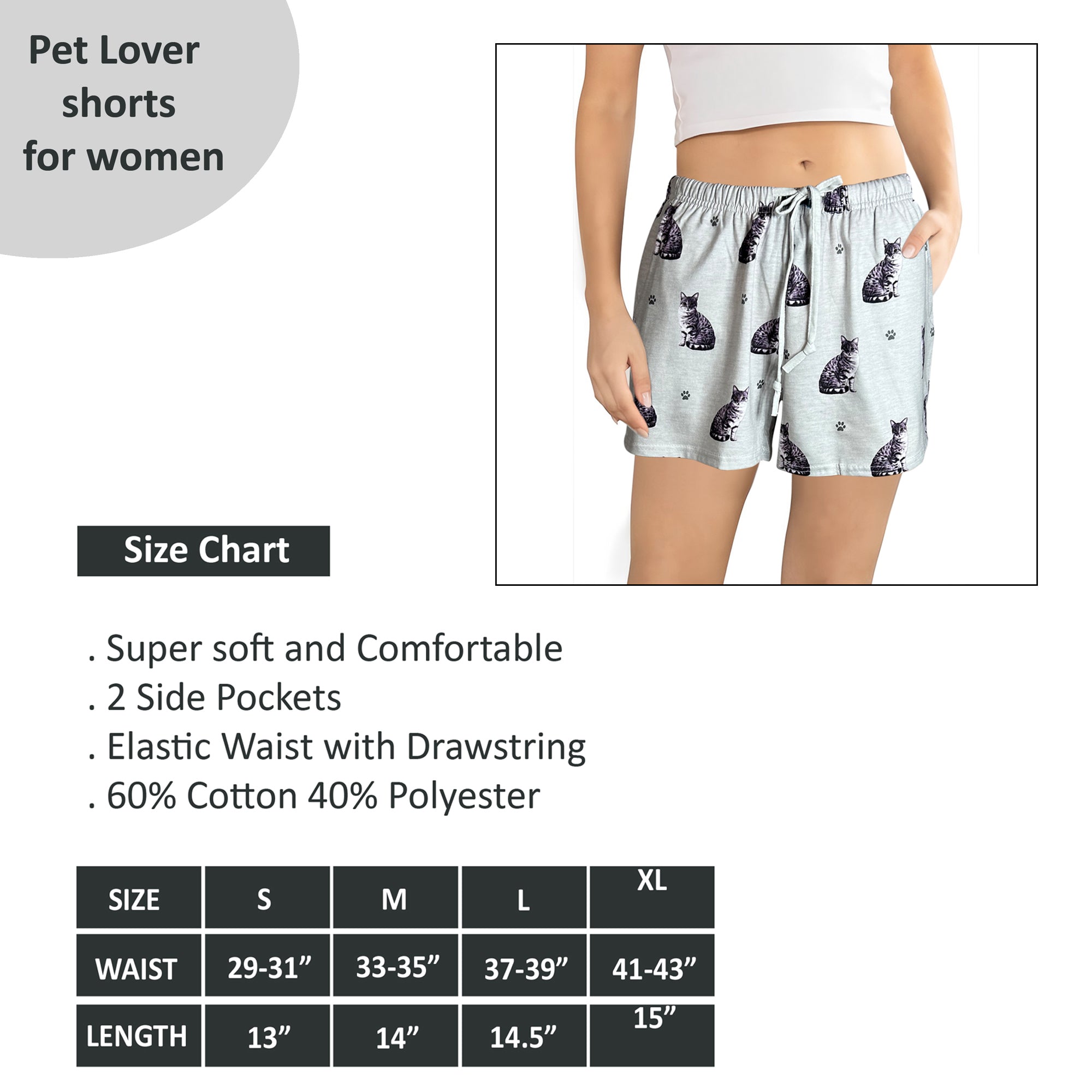 Tabby Cat Womens Lounge Shorts - Comfy Cat Print Summer Shorts