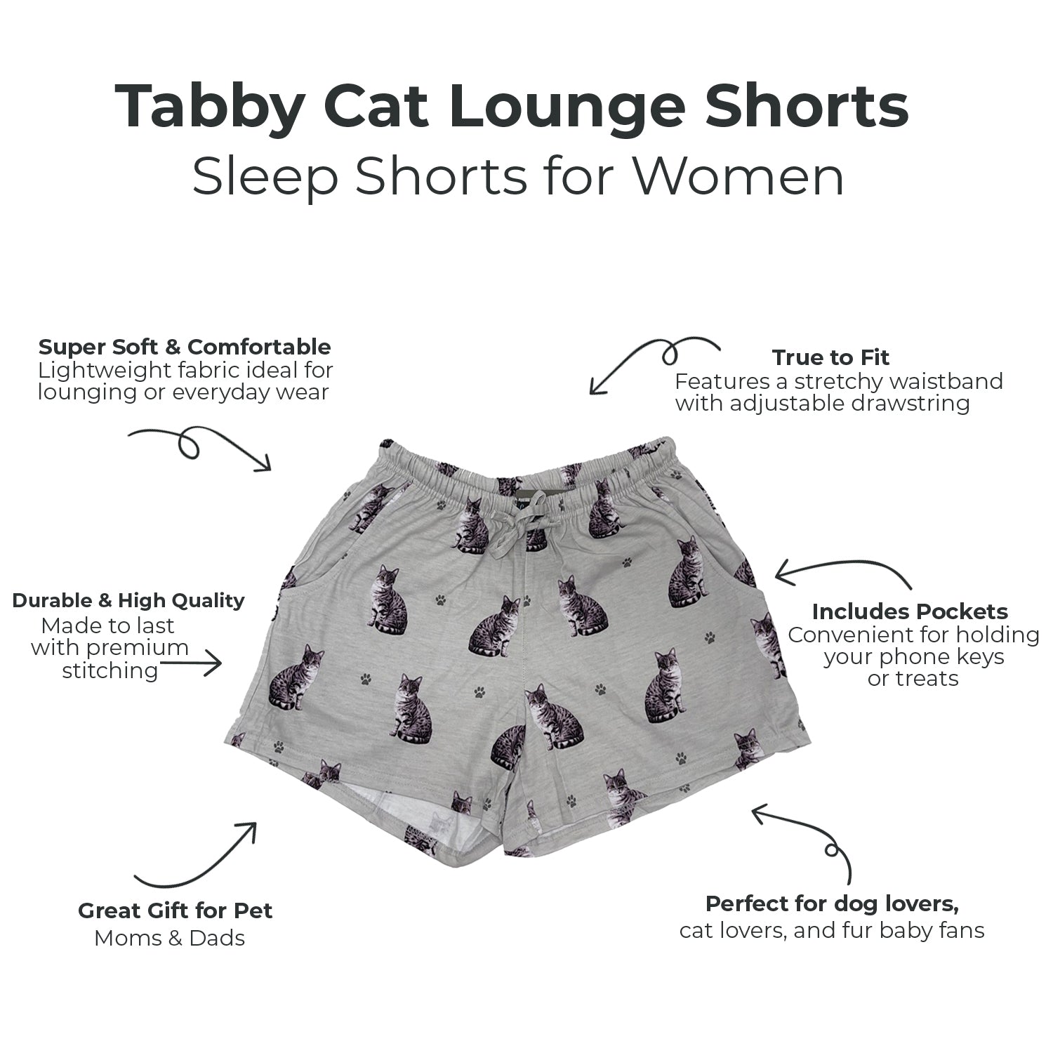 Tabby Cat Womens Lounge Shorts - Comfy Cat Print Summer Shorts